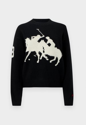 Mustast lõngast kampsun, millel on kontrastne valge polo mängija graafik ja number „3“. Ribi varrukate ja äärega lisa-textuur.