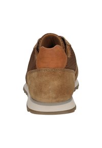 Braune Wildleder- und Mesh-Sneaker von hinten betrachtet, mit einer weißen Zwischensohle und einer hellbraunen Außensohle.
