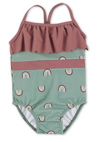 Minzgrüner Badeanzug mit einem rosa gerüschten Oberteil und einem Regenbogenmuster. Verstellbare Träger und elastische Materialien sorgen für Komfort.