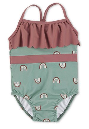 Minzgrüner Badeanzug mit einem rosa gerüschten Oberteil und einem Regenbogenmuster. Verstellbare Träger und elastische Materialien sorgen für Komfort.