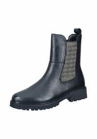 Botines de cuero negro con panel lateral de textil estampado, suela de goma plana y tirador en la parte trasera para ponerlos y quitarlos fácilmente.