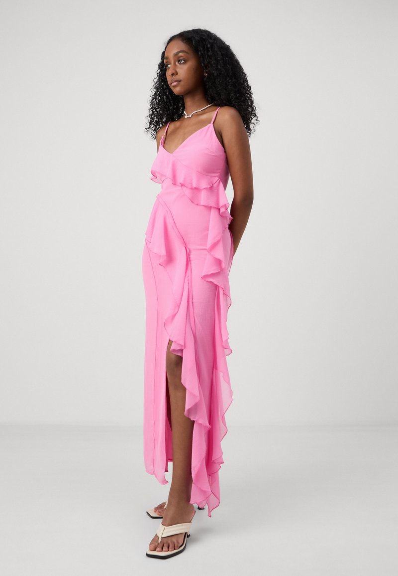 gina tricot pink dress Gina Tricot Satin Ruched Front Midi Dress in Pink