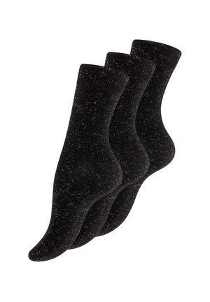 Drei schwarze knöchellange Socken mit einem dezenten weißen gesprenkelten Muster, nebeneinander auf weißem Hintergrund dargestellt.