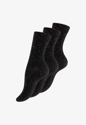 Drei schwarze knöchellange Socken mit einem dezenten weißen gesprenkelten Muster, nebeneinander auf weißem Hintergrund dargestellt.