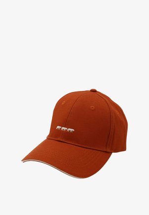 Casquette en coton orange au design structuré, avec un bord courbé et trois animaux brodés en blanc sur l'avant.