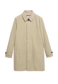 Manteau beige avec col, manches longues et boutons décoratifs. Comprend deux poches avant et une coupe droite. Texture lisse.