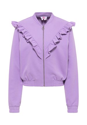 Lilla kapuutsweater, millel on esine tõmblukuga, rüüse detailid kaelusel ja õlgadel ning elastsed mansetid ja vöö. Pehme materjal.