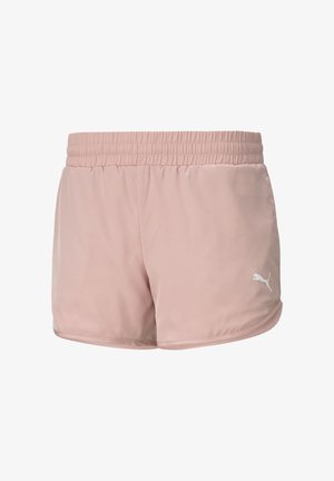 Světle růžové sportovní šortky s elastickým pasem, vyrobené z hladkého, lehkého materiálu, s bílým logem na dolním pravém boku.