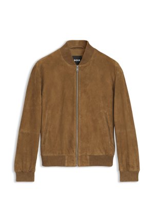Brown suede bomber jacket with ribbed collar and cuffs, front zipper, and side pockets. Smooth texture, classic silhouette.