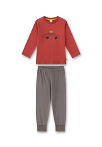 Rotes Langarmoberteil mit einem Taxi-Graphic und grauen Hosen. Aus Baumwolle mit einer weichen Textur; elastischer Bund an den Hosen.