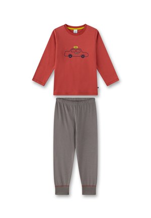 Rotes Langarmoberteil mit einem Taxi-Graphic und grauen Hosen. Aus Baumwolle mit einer weichen Textur; elastischer Bund an den Hosen.