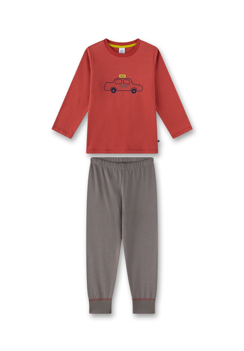Rotes Langarmoberteil mit einem Taxi-Graphic und grauen Hosen. Aus Baumwolle mit einer weichen Textur; elastischer Bund an den Hosen.