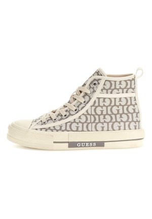Sneaker alte in tela beige con un motivo ripetuto del logo. Suola in gomma bianca con un accento grigio del logo sul lato.