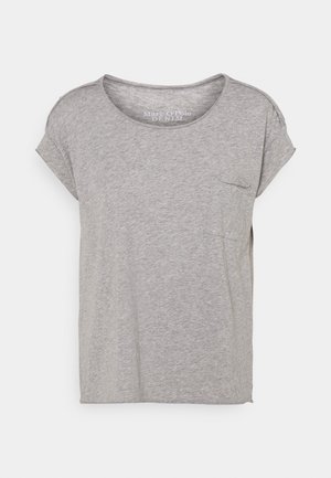 Gray short-sleeve t-shirt with a round neckline, featuring a small chest pocket. Made of soft, textured fabric. Simple design with rolled cuffs.