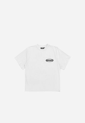 White cotton t-shirt with a crew neckline, short sleeves, and a small black logo printed on the left chest. Soft, plain texture.