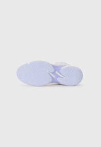 Shoe sole in white and lavender with a textured grip pattern. Features a rounded shape with multiple grooves for traction.