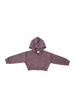 Felpa corta mauve con zip, maniche lunghe e cappuccio, con piccolo logo Puma e scritta sul petto.