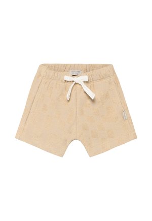 Beżowe szorty z frotté o fakturze w kratkę, z elastycznym paskiem i białym sznurkiem. Boczna etykieta z nazwą marki.