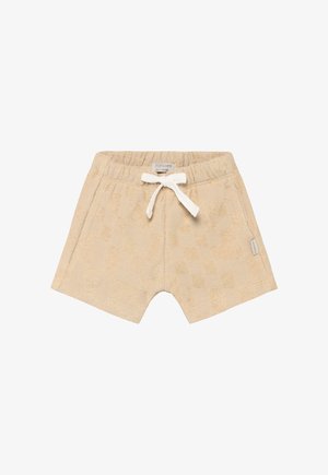 Beige Shorts aus Frottee mit karierter Struktur, elastischem Bund und weißem Zugband. Seitliches Etikett mit Markennamen.