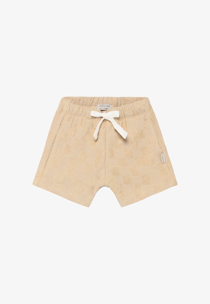 Pantaloncini in spugna beige con texture a quadretti, vita elastica e coulisse bianca. Etichetta laterale con il nome del marchio.