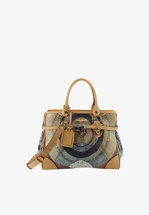 Borsa marrone con rifiniture in pelle, motivo astratto circolare, manici superiori, tracolla rimovibile e piccola targhetta appesa.