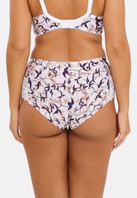 High-waisted underwear in white with a floral purple and beige pattern. Features lace trim and a comfortable elastic waistband.