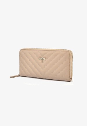 Quilted beige wallet made of leather featuring a zip closure and a small silver dragonfly accent on the front. Maximum length design.