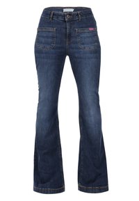 Jeans de mezclilla azul oscuro con un diseño de pierna acampanada, que cuentan con dos bolsillos frontales y un pequeño logo morado en la parte delantera.