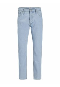 Jean en denim bleu clair avec une coupe droite, cinq poches et une fermeture à bouton. Présente une légère décoloration et une finition propre.