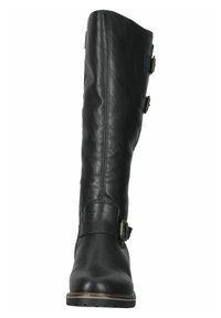 Botte noire en cuir montante jusqu'au genou avec un bout arrondi, deux boucles ajustables et une finition texturée sur la tige, dotée d'un petit talon empilé.