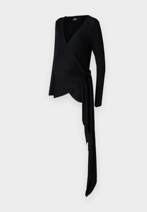Black, long-sleeve maternity wrap top with a deep V-neck, featuring a draped tie detail on the side, made from soft, stretchy fabric.