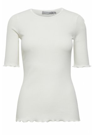 White ribbed t-shirt with a round neckline and short, ruffled sleeves. Soft texture, fitted shape, and scalloped hem detail.