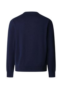 Pull à manches longues bleu marine avec poignets et ourlet côtelés, présenté de dos sur un fond blanc uni.