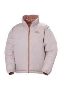 Pink insulated jacket with a high collar, front zipper, and elasticized cuffs. Features a logo on the left chest and a smooth texture.