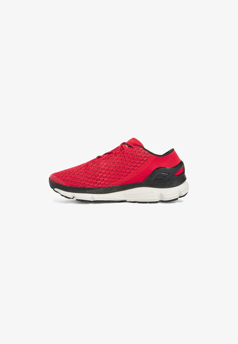 Red athletic shoe with a textured mesh upper, black accents, and a cushioned white sole. Features a secure lace-up design.