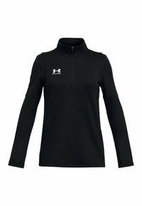 Melns garās piedurknes džemperis ar augstu apkakli, ceturtās daļas rāvējslēdzis priekšpusē un balts Under Armour logotips kreisajā krūtī. Mīksta, gluda auduma tekstūra.