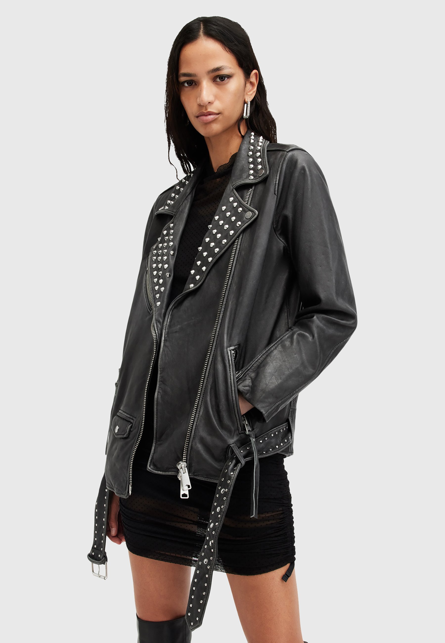 AllSaints Leather jacket - black grey/anthracite - Zalando