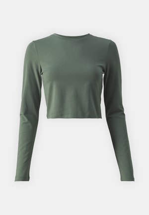 Czarny, długi rękaw, krótki top w ciemnozielonym kolorze, wykonany z miękkiego, elastycznego materiału; ma okrągły dekolt i dopasowany krój.