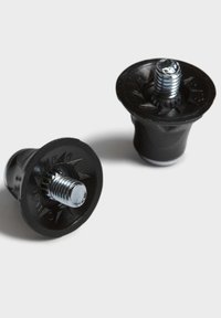 Dva crna plastična poklopca s teksturiranim rubom i središnjim srebrnim metalnim vijcima. Vijci su heksagonalni, namijenjeni za učvršćivanje.
