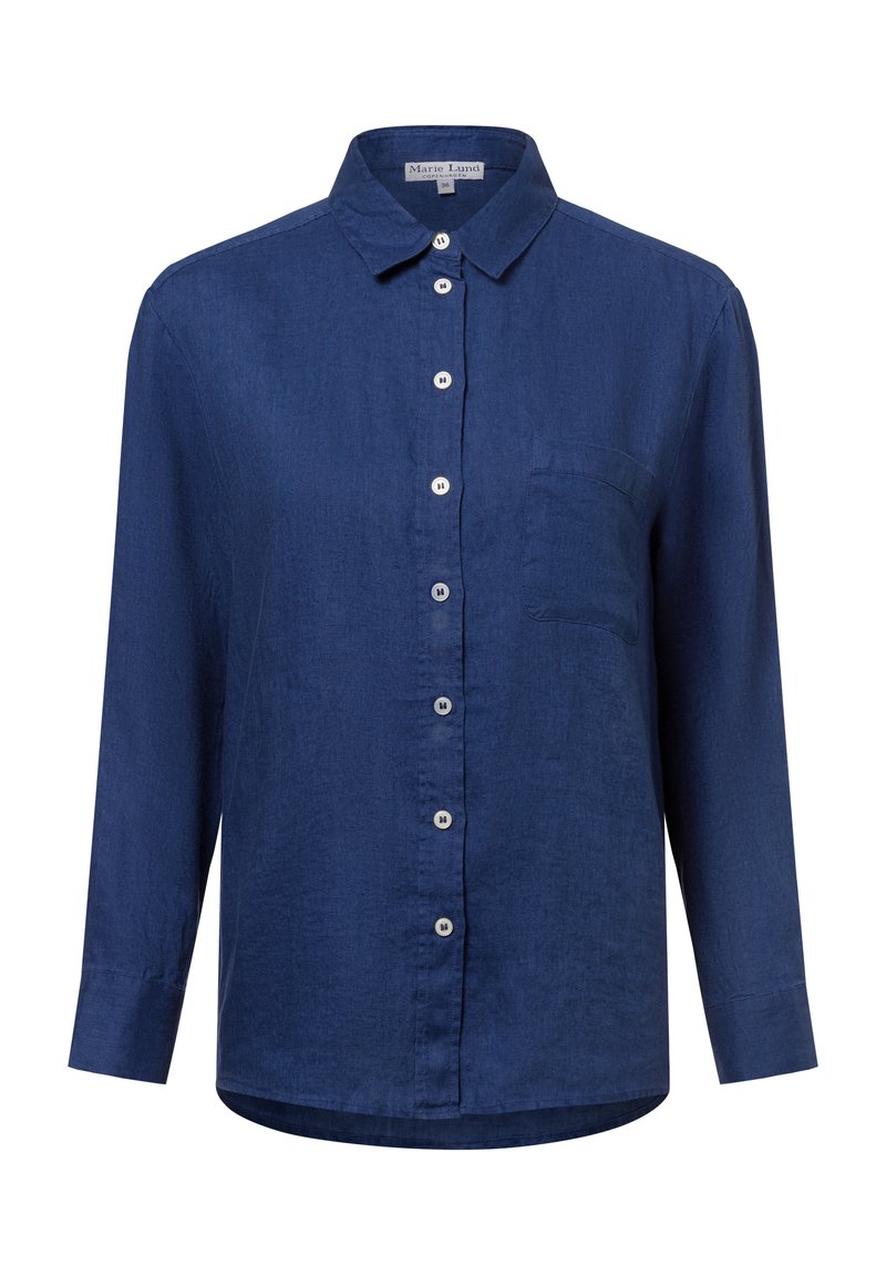Navy blue button-up shirt in lightweight fabric with long sleeves, a pointed collar, and a chest pocket. Features white buttons along the front.