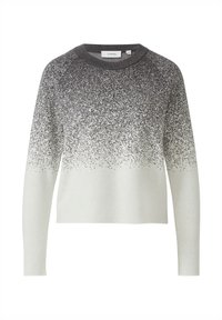 Sweter w odcieniach szarości i bieli z gradientowym efektem, z plamistą teksturą, okrągłym dekoltem i długimi rękawami. Miękka, dzianinowa tkanina. Widoczna metka marki.