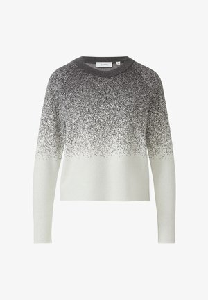 Maglione sfumato grigio e bianco con texture chiazzata, scollo rotondo e maniche lunghe. Tessuto morbido a maglia. Etichetta del marchio visibile.
