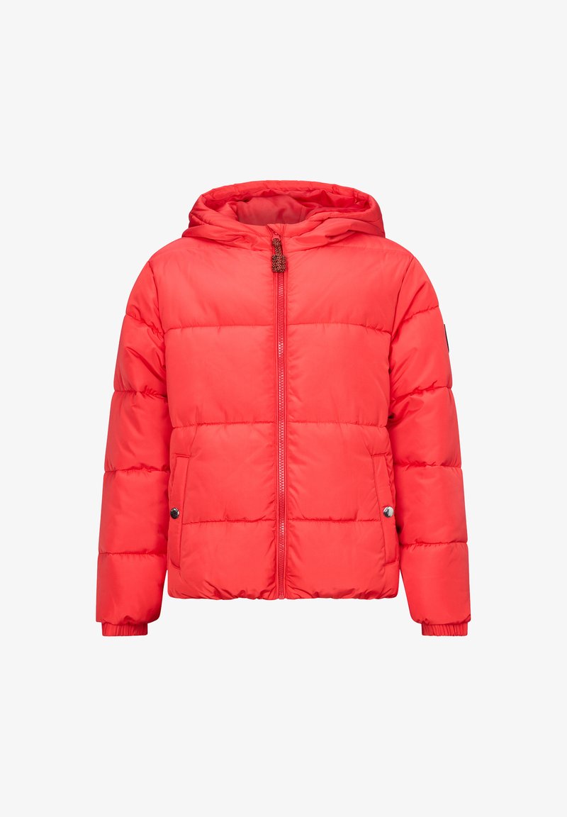 Czerwona ocieplana kurtka puchowa z kapturem, zapięciem na zamek z przodu oraz elastycznymi mankietami. Posiada pikowany wzór oraz boczne kieszenie zapinane na zatrzask.