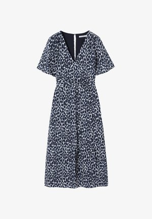 Robe marine avec imprimé léopard blanc, décolleté en V, manches courtes, taille élastique et ceinture à nouer. Fermeture éclair à l'arrière. Texture lisse.