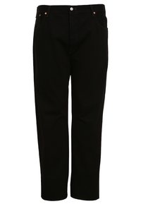 Pantaloni in denim neri con taglio dritto, dotati di rivetti in rame, tasche frontali e chiusura a bottone in vita.