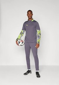 Γκρι αθλητική στολή με μακριά μανίκια που έχει πράσινο και ναυτικό μοτίβο, και ένα ταιριαστό ζευγάρι γκρι παντελόνια. Το άτομο κρατάει μια ποδοσφαιρική μπάλα.