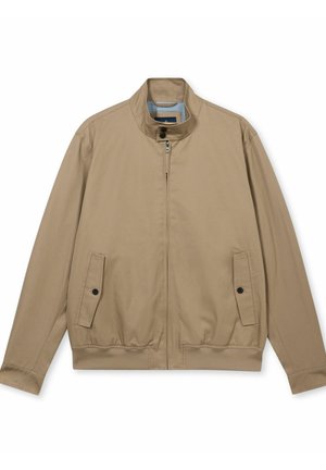 Hellbraune Reißverschlussjacke mit Stehkragen, zwei vorderen Taschen mit Knopfklappen sowie elastischem Saum und Bündchen.