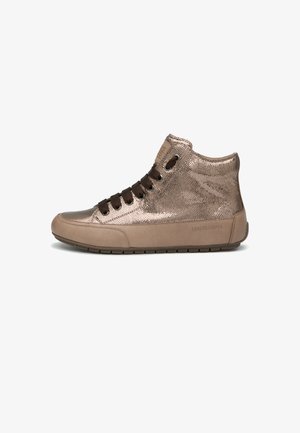High-top sneakers in metallic bronze with a textured surface, brown laces, and a rubber sole. Brand name embossed on the side.