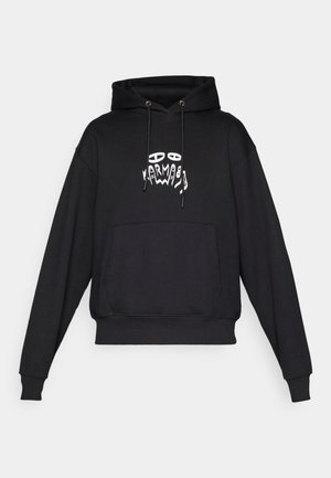 Black hoodie with front pouch pocket, drawstring hood, and white abstract face and hand graphic centered on the chest.