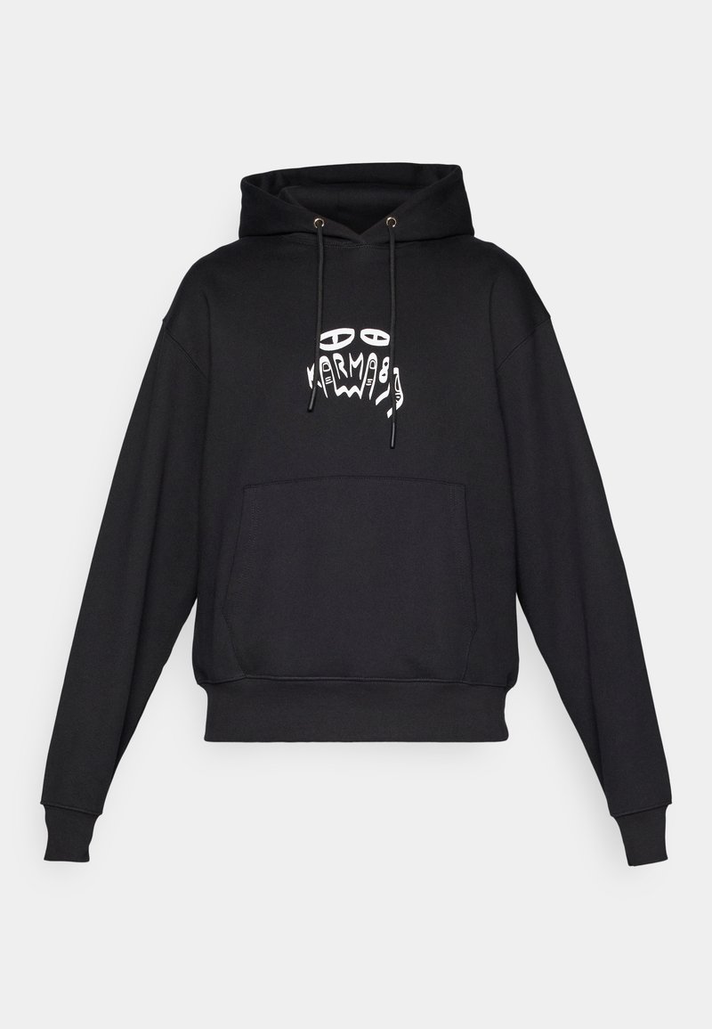 Black hoodie with front pouch pocket, drawstring hood, and white abstract face and hand graphic centered on the chest.